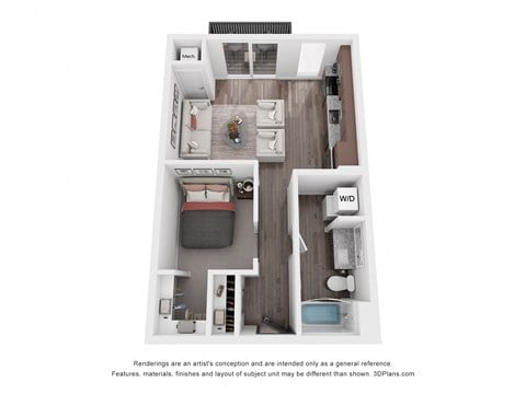 Floor plan for studio, 1 bath, 595 sqft